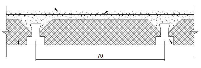 Corte transversal del sistema de vigueta y bovedilla que muestra dos viguetas con la bovedilla y la capa de compresión, acotado con un entre eje de 70 cm entre los ejes de las viguetas