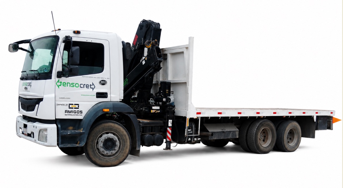 Camión plataforma Tensocret con grúa articulada tipo HIAB para descarga de prefabricados en obra